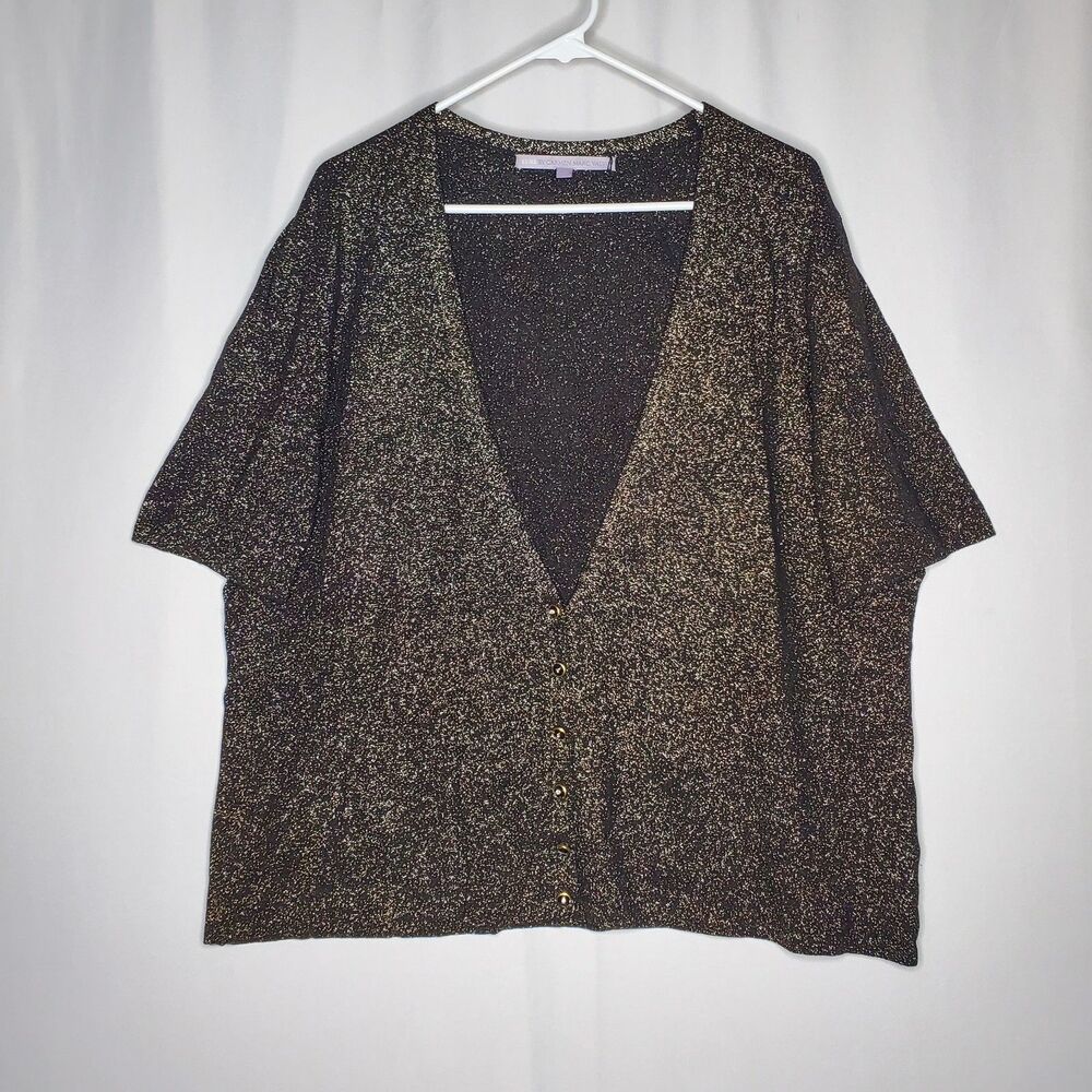 Luxe Carmen Marc Valvo Cardigan Women 3X Short Sleeve Button Gold Sparkle Glam
